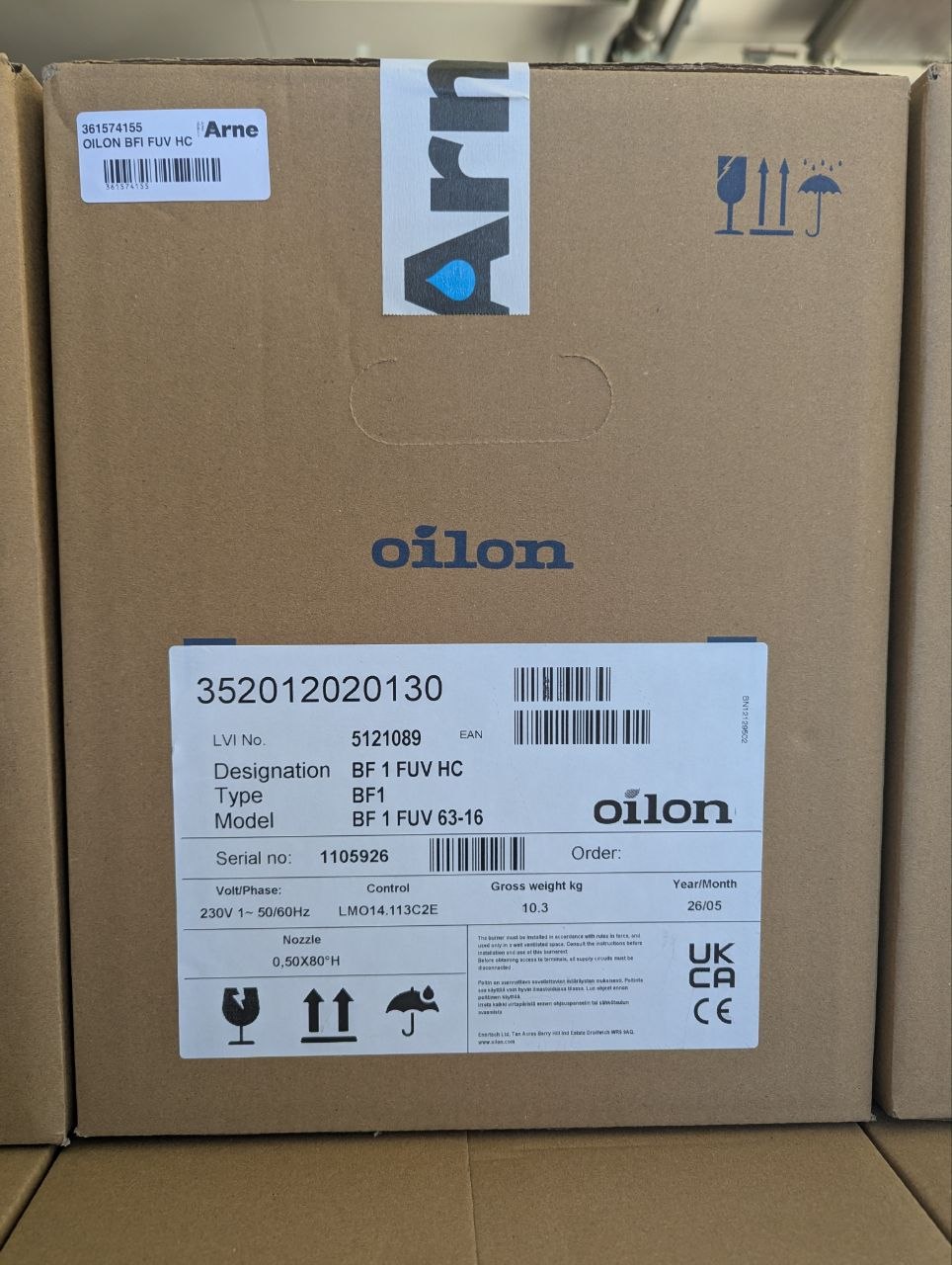 Oilon BF 1 FUV HC boxed at the Arne Nielsen A/S warehouse