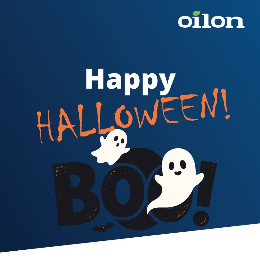 Oilon Halloween graphic with the text Happy Halloween, Boo and two ghosts